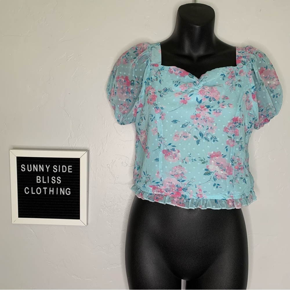 Zunie Blue Floral Puff Sleeve Cropped Blouse Junior 16 Cute Spring Top